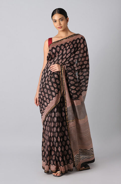 Black Pure Silk Cotton Bagru Printed Saree