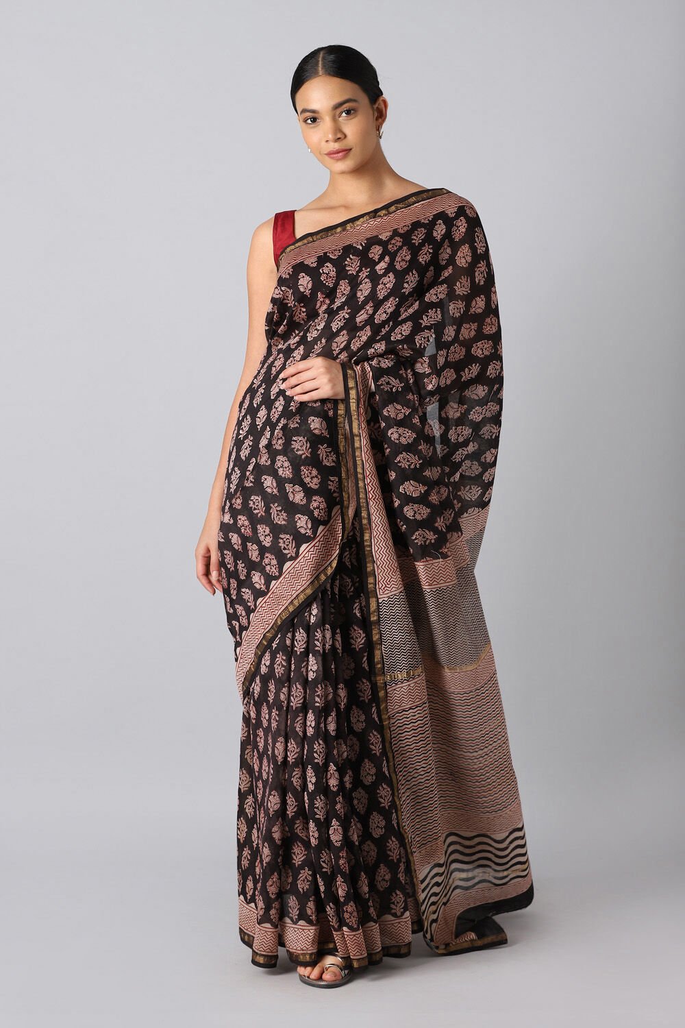 Black Pure Silk Cotton Bagru Printed Saree image number null