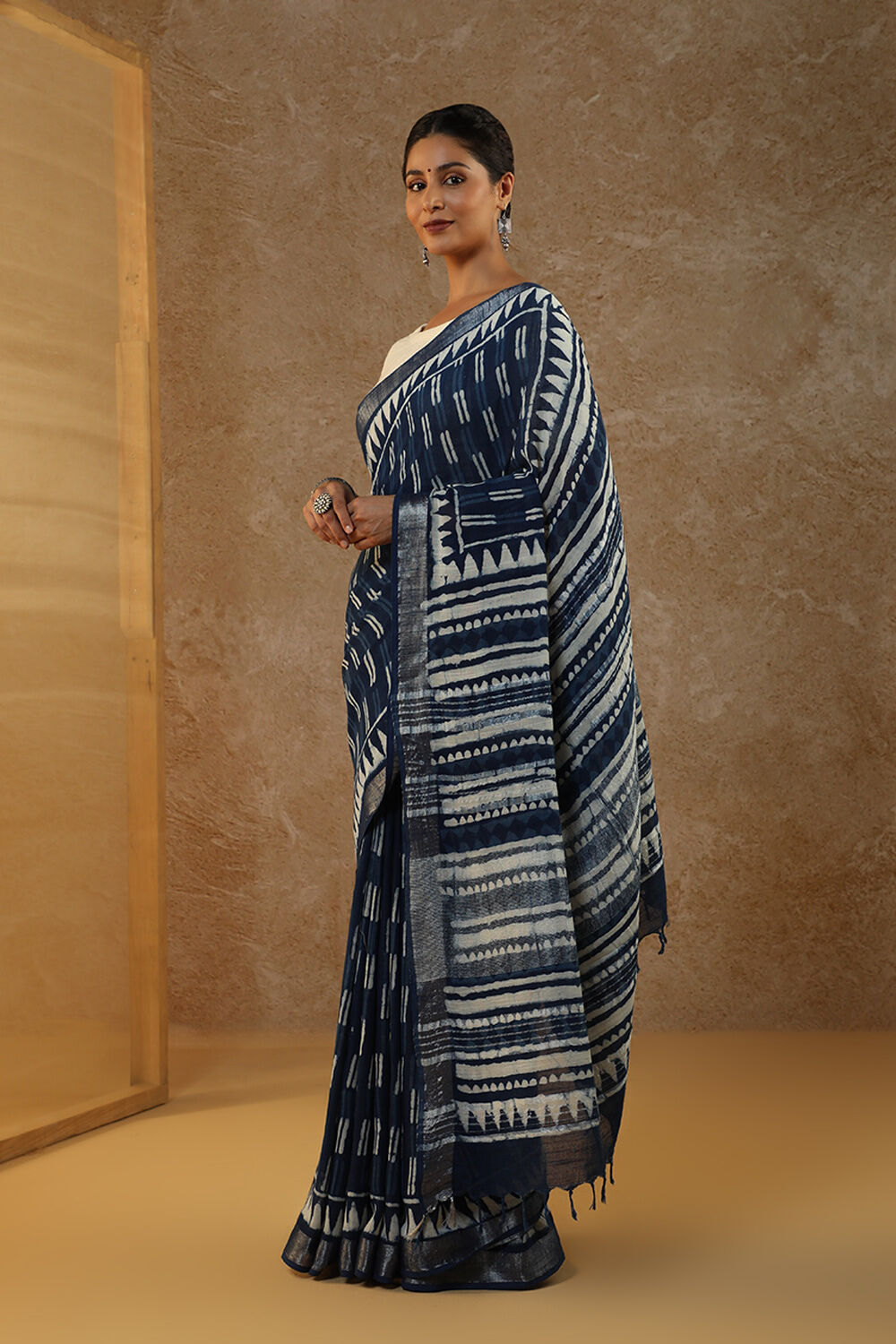 Blue Block Printed Pure Cotton Linen Saree image number null