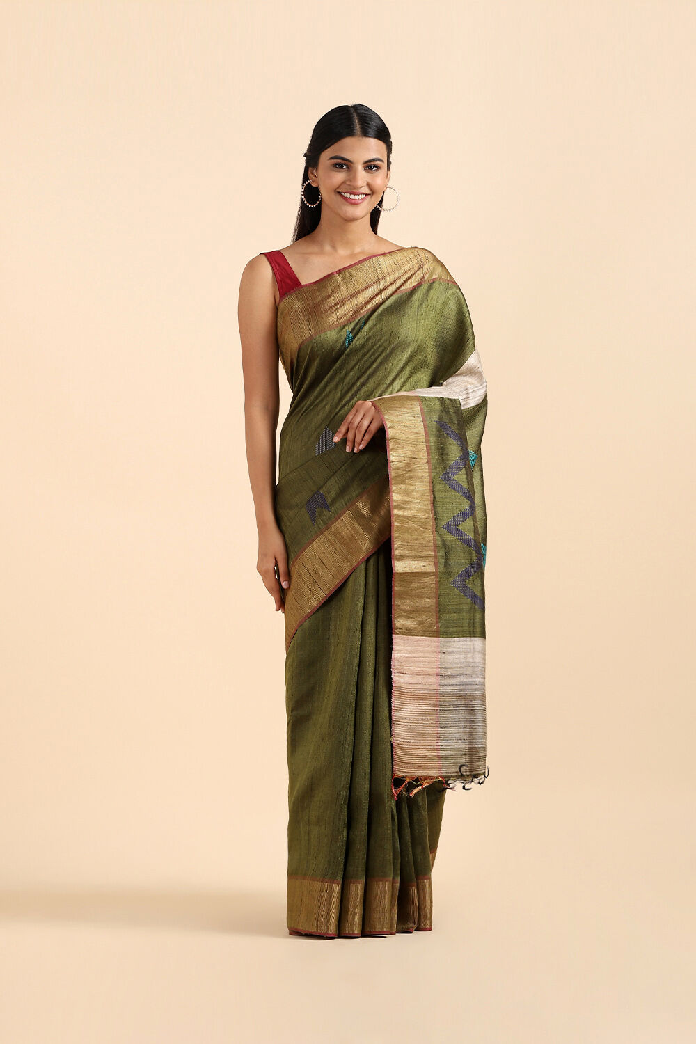 Green Pure Tussar Silk Bhagalpuri Saree image number null