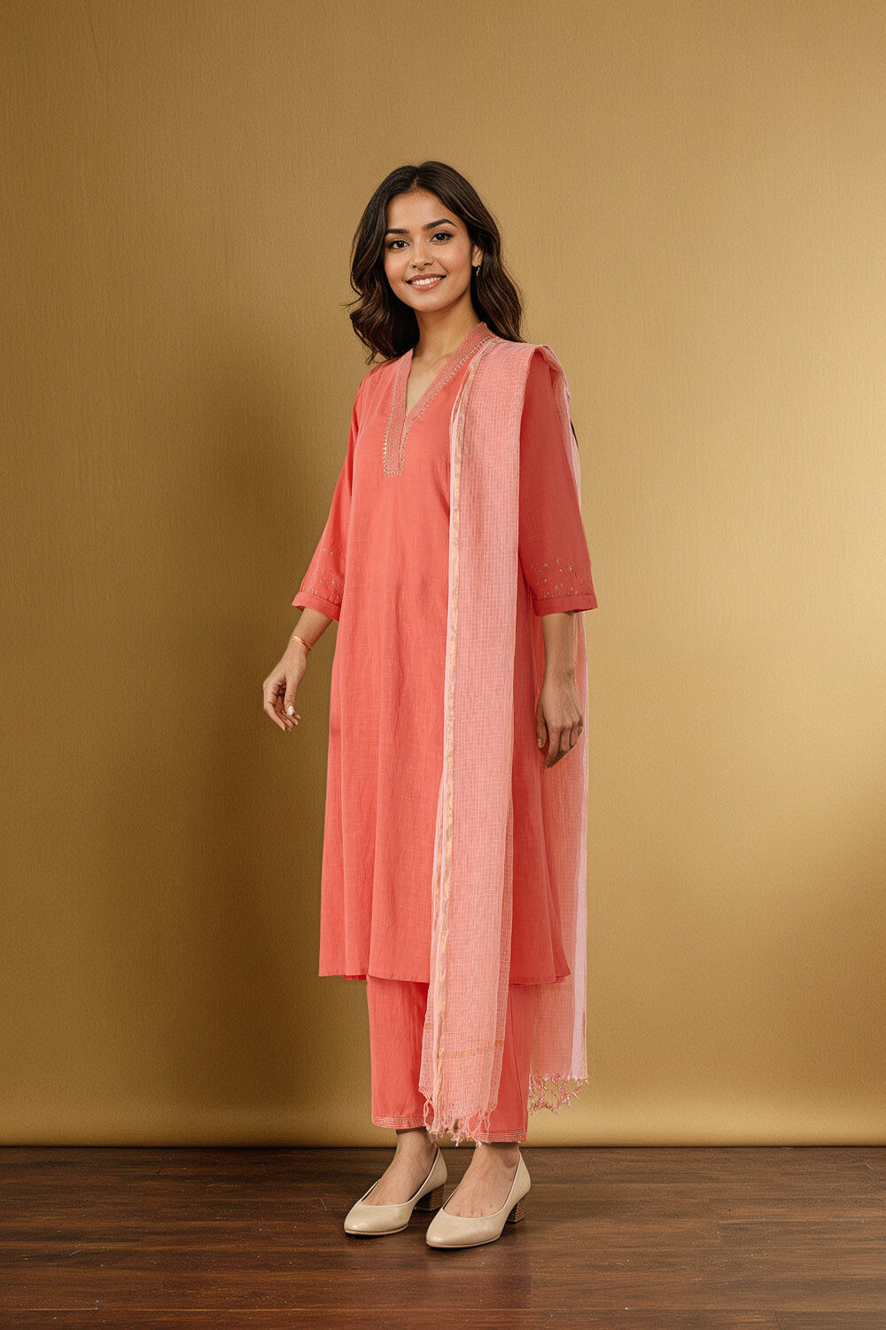 Orange Pure Cotton Embroidered Kurta Set image number null