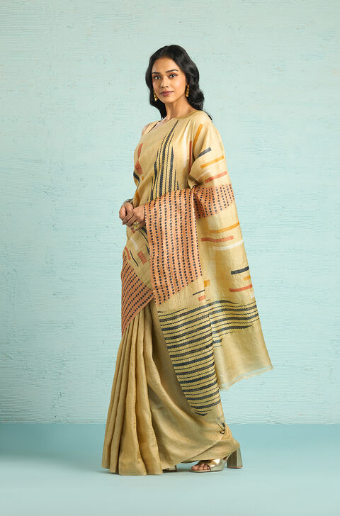 Beige Chattisgarh Pure Tussar Silk Hand Painted Saree