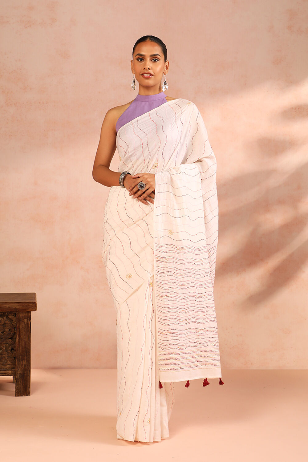 Off White Bengal Pure Silk Cotton Kantha Embroidered Saree image number null