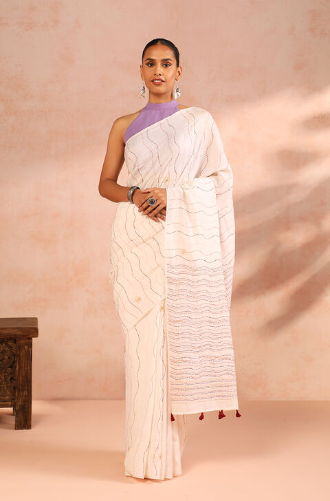 Off White Bengal Pure Silk Cotton Kantha Embroidered Saree