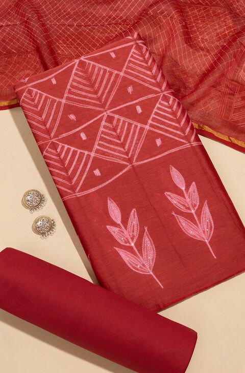 Dark Red Tie and Dye Shibori Pure Silk Cotton Unstitched Suit Set