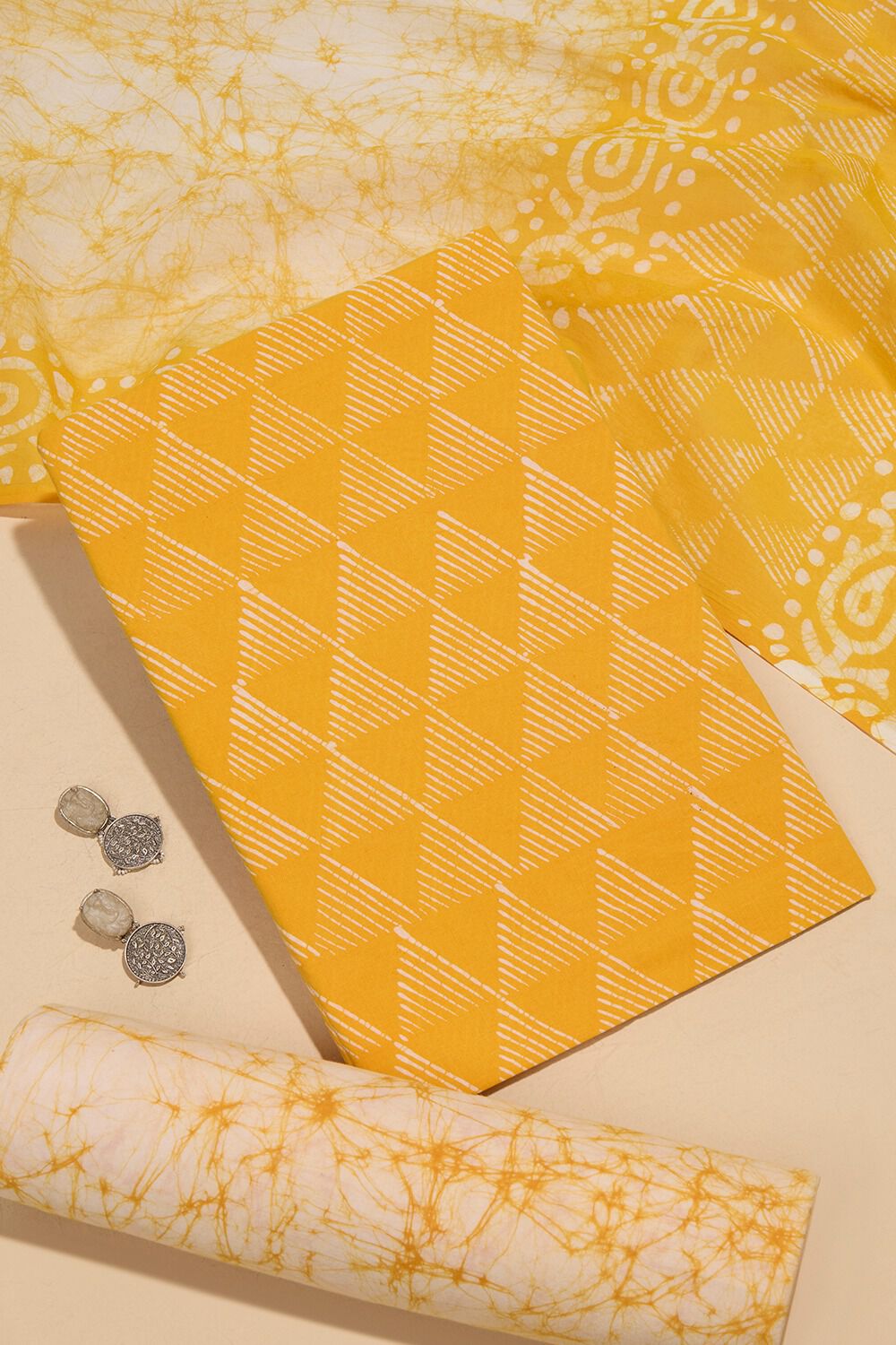 Yellow Pure Cotton Batik Unstitched Suit Set image number null