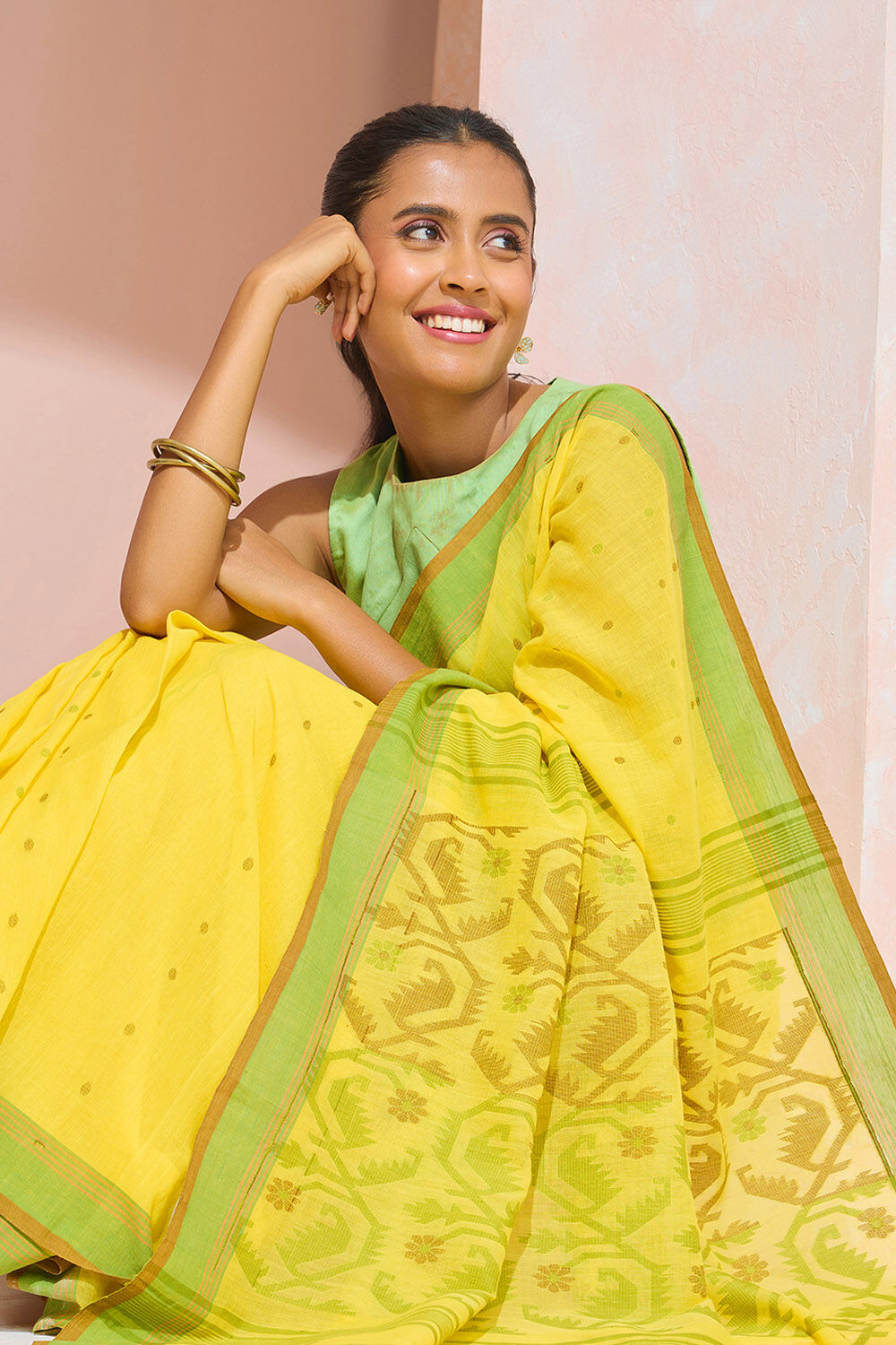Yellow Cutwork Pure Cotton Bengal Saree image number null