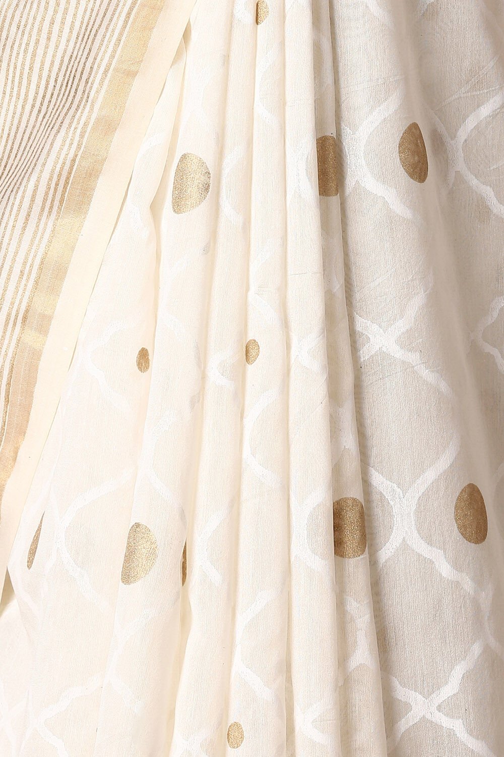 Off White Pure Silk Cotton Hand Printed Saree image number null