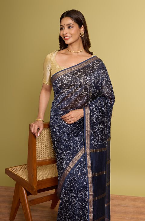 Dark Blue Pure Silk Cotton Batik Saree