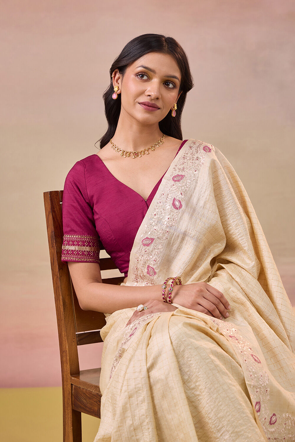 Dark Pink Pure Viscose Embroidered Blouse image number null