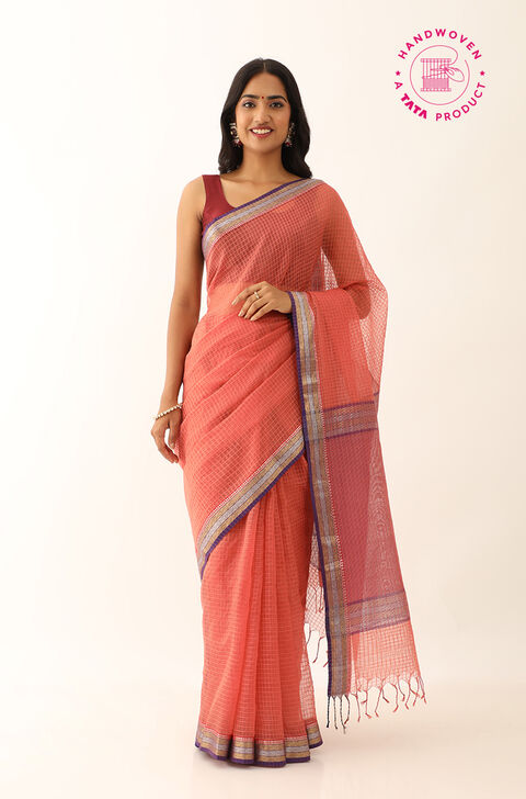 Light Orange Pure Silk Cotton Woven Maheshwari Saree