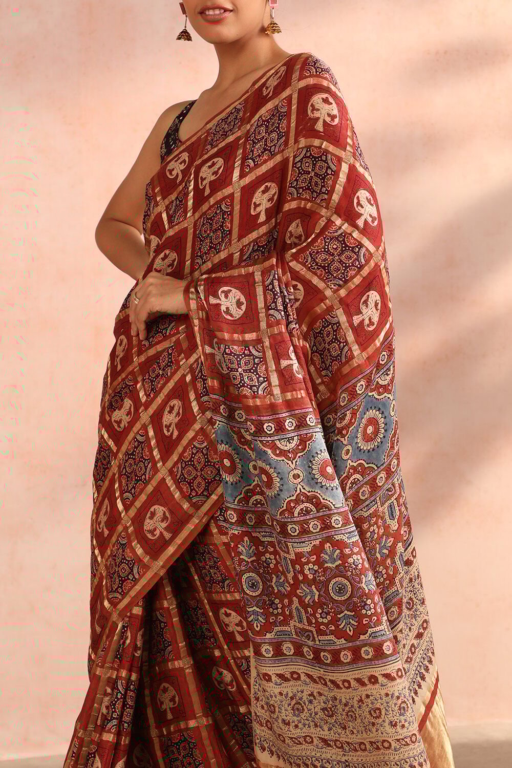 Red Gujarat Pure Silk Ajrakh Block Print Saree image number null