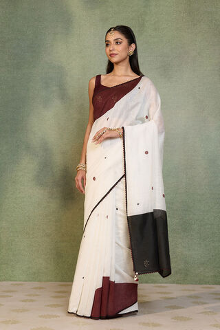 Off White Block Printed Pure Silk Linen Saree thumbnail image number null