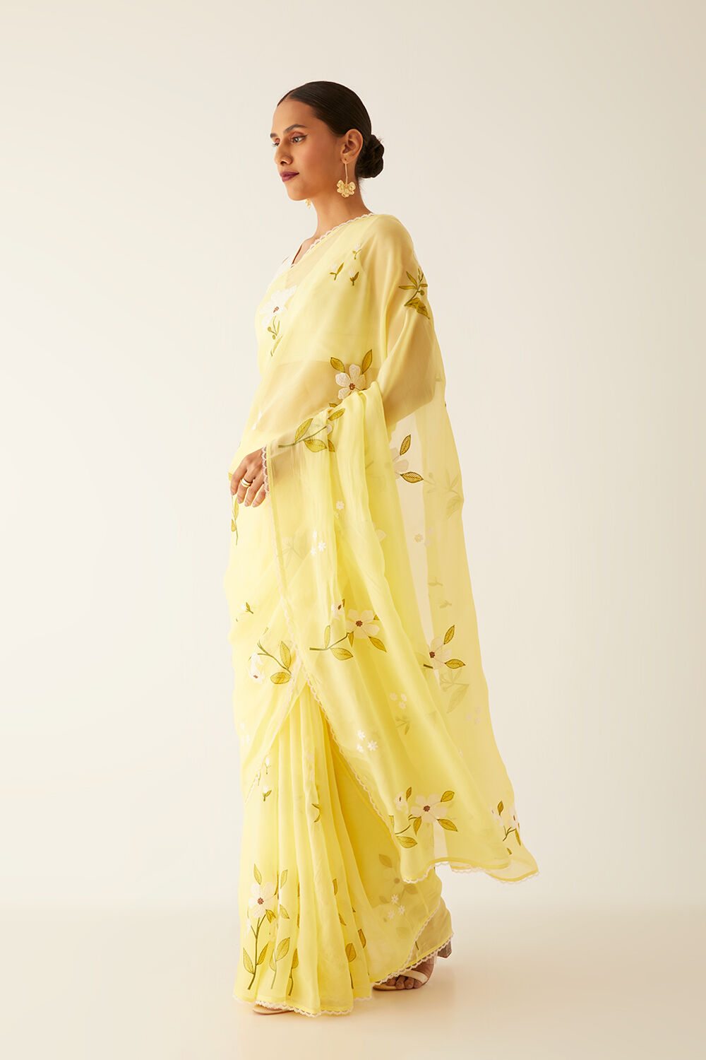 Yellow Viscose Organza Embroidered Saree image number null