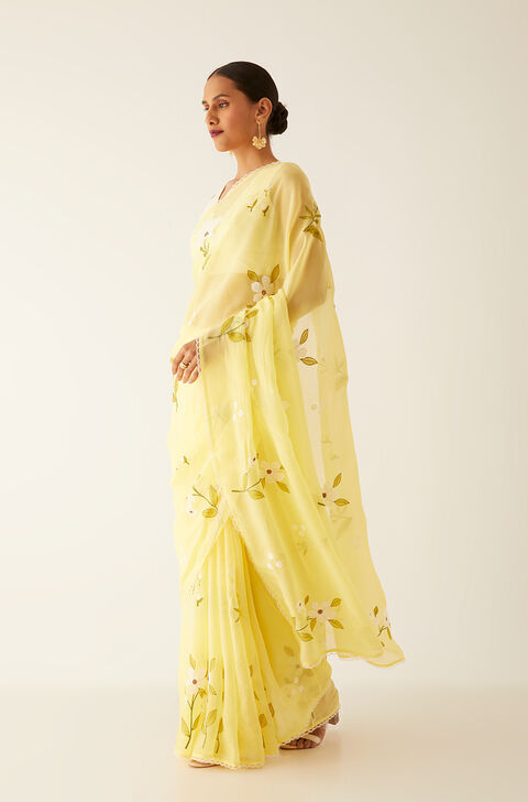 Yellow Viscose Organza Embroidered Saree