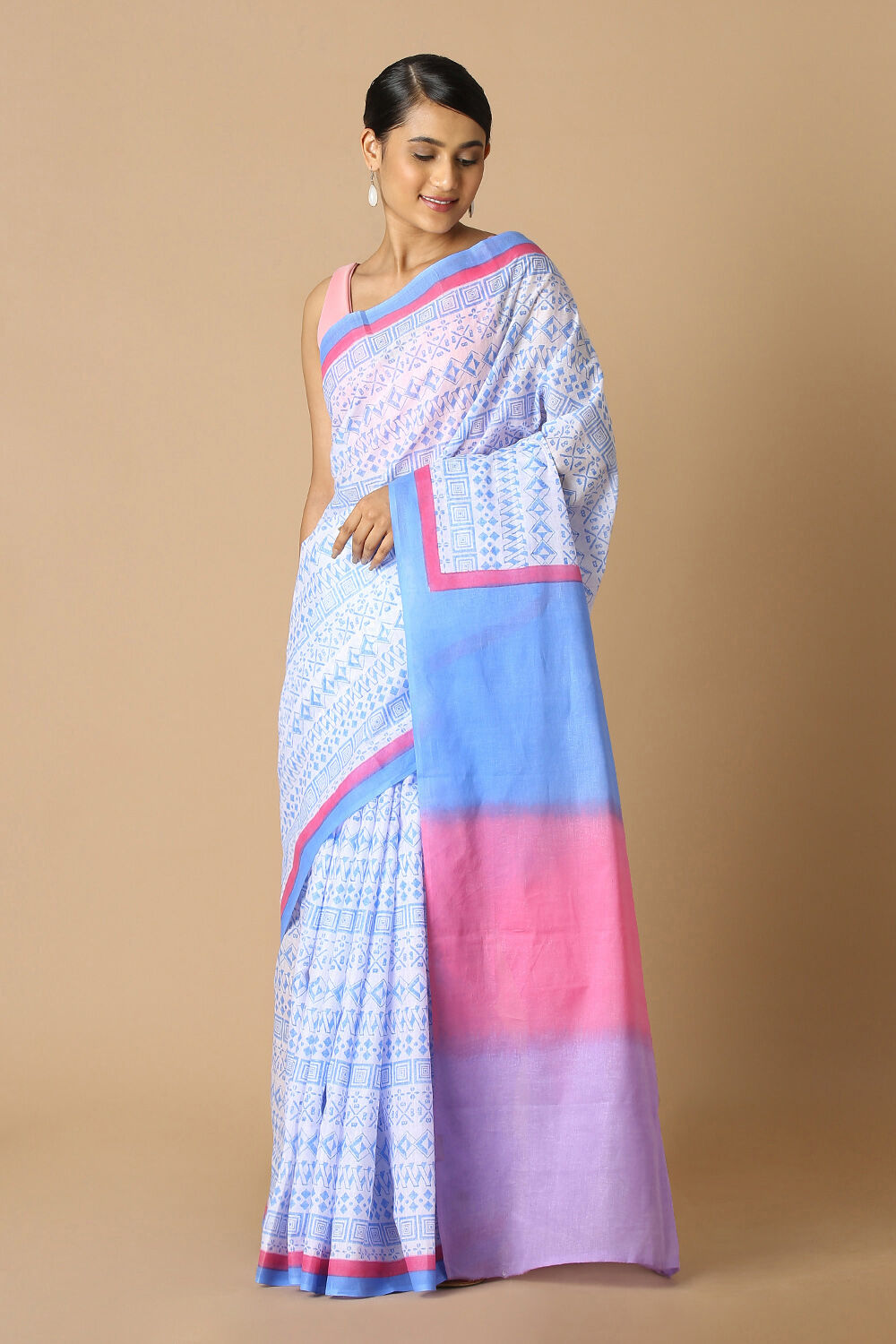 Blue Pure Cotton Mulmul Printed Saree image number null