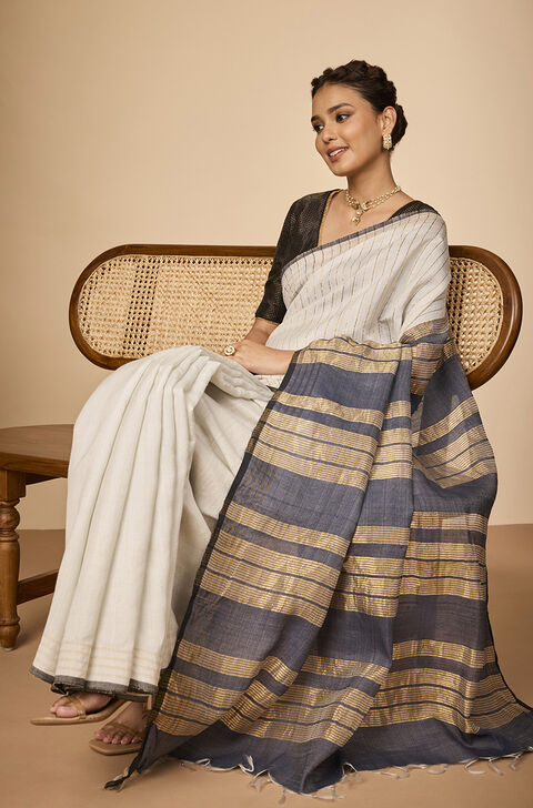 Off White Bhagalpur Woven Silk Viscose Saree