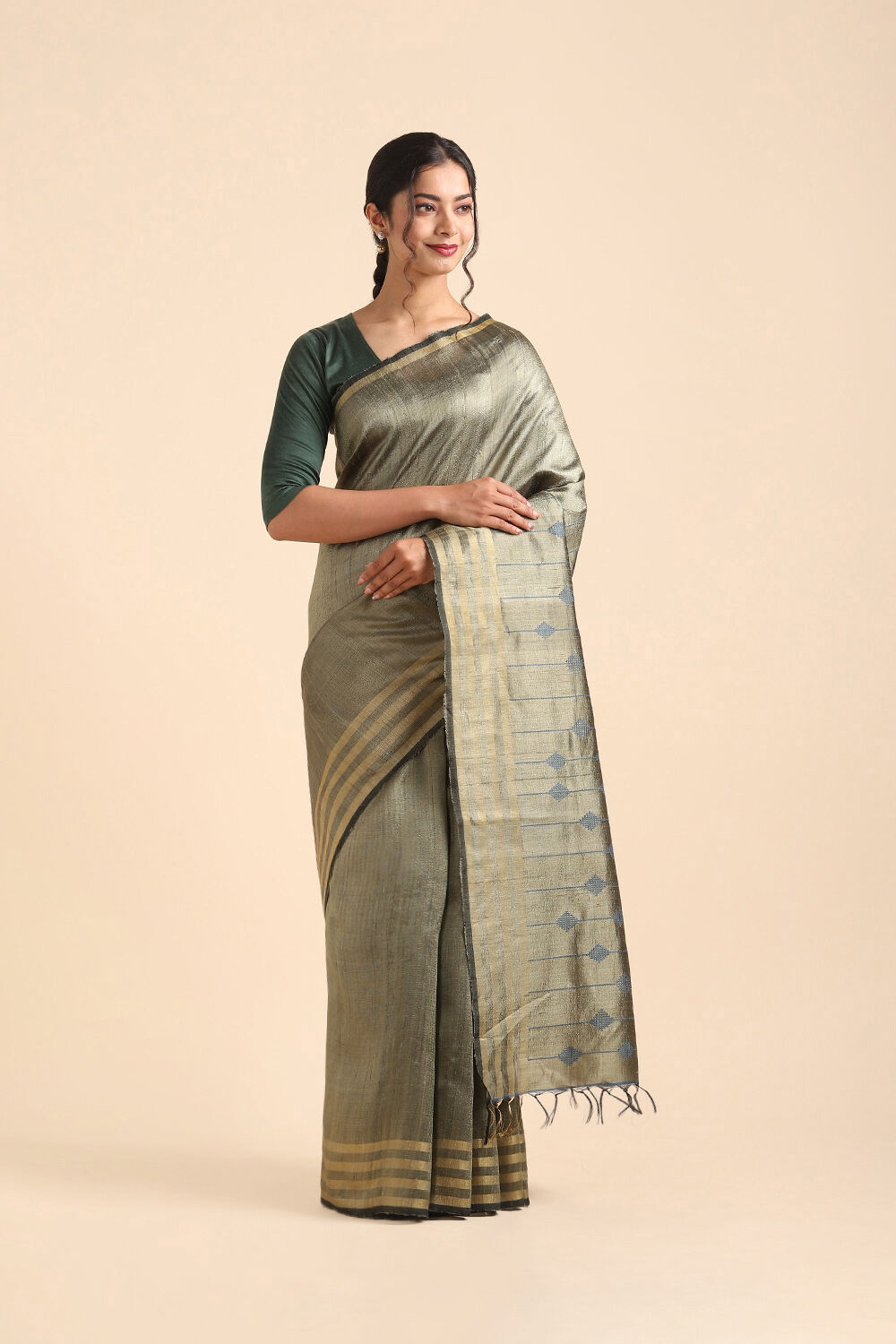 Light Green Pure Tussar Silk Bhagalpuri Saree image number null