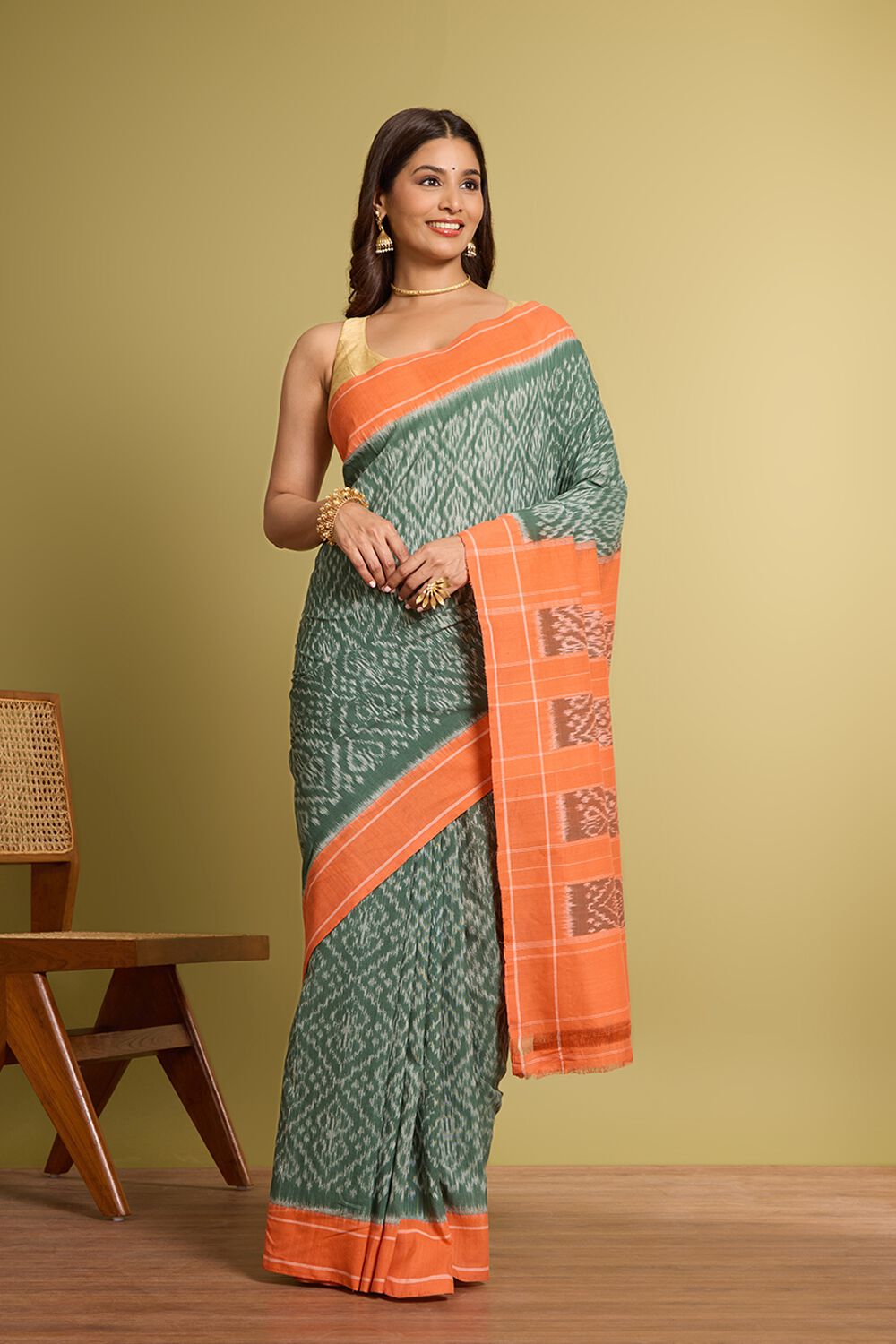 Dark Green Pure Cotton Ikat Saree image number null