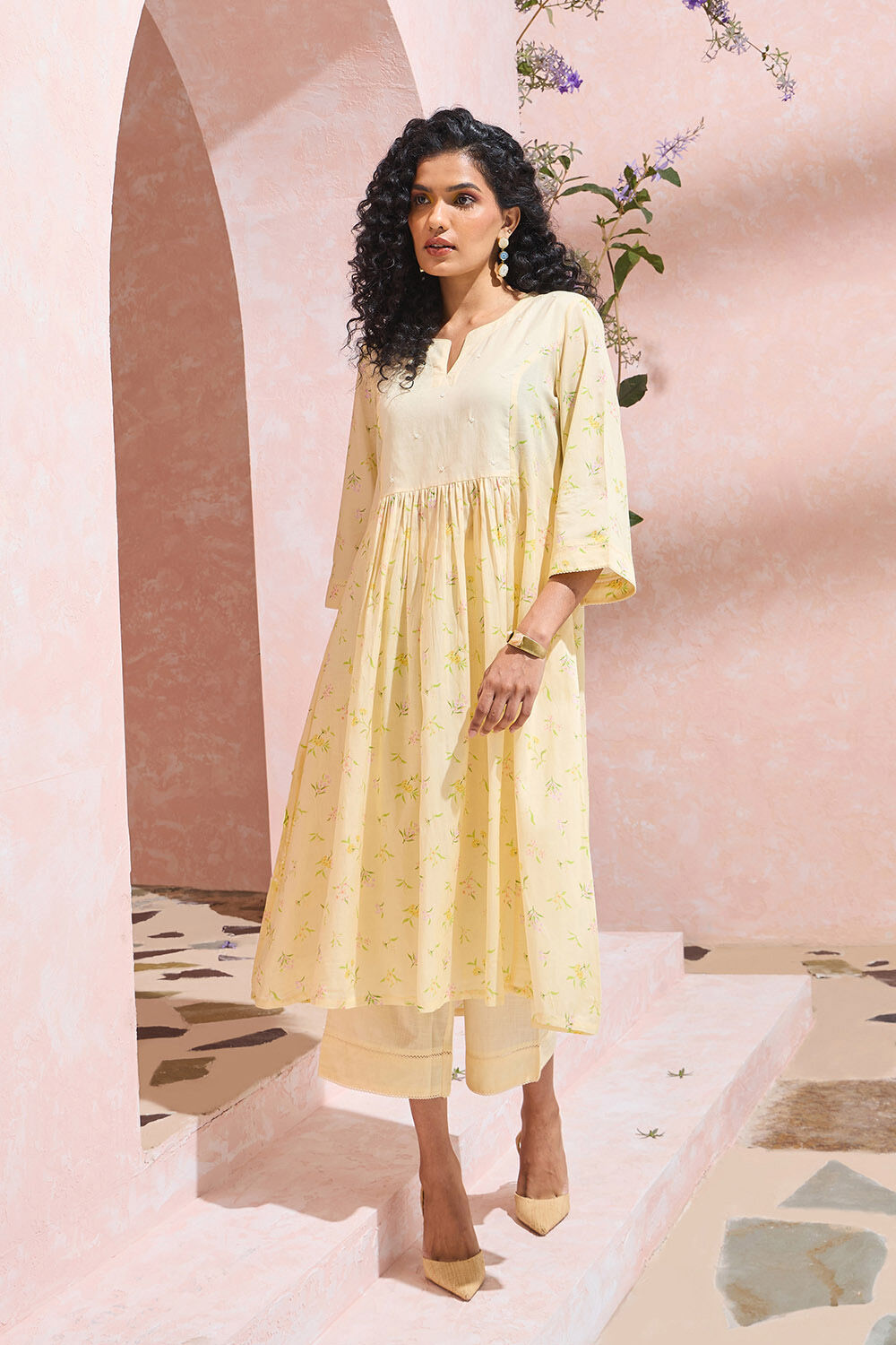 Light Yellow Printed Cotton Viscose Kurta Set image number null