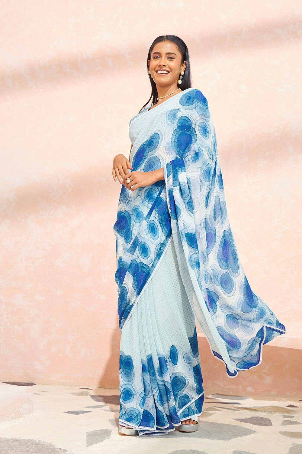Blue Printed Viscose Georgette Saree image number null