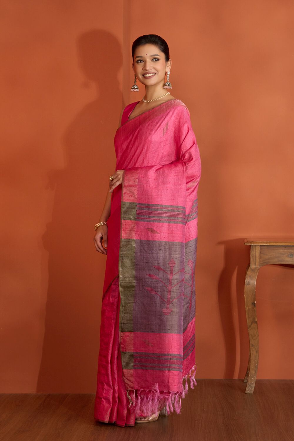 Pink Bhagalpur Woven Pure Tussar Silk Saree image number null