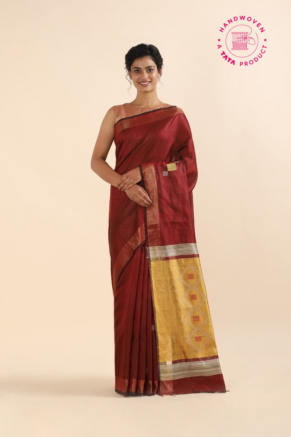 Dark Red Pure Tussar Silk Bhagalpuri Saree image number null