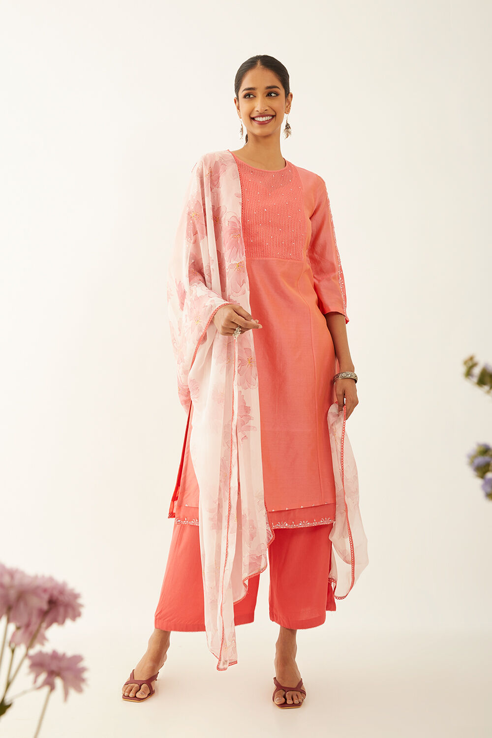 Orange Pure Silk Cotton Embroidered Kurta Set image number null