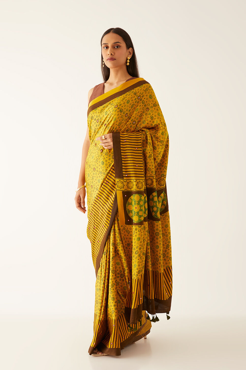 Yellow Pure Silk Ajrakh Printed Saree image number null