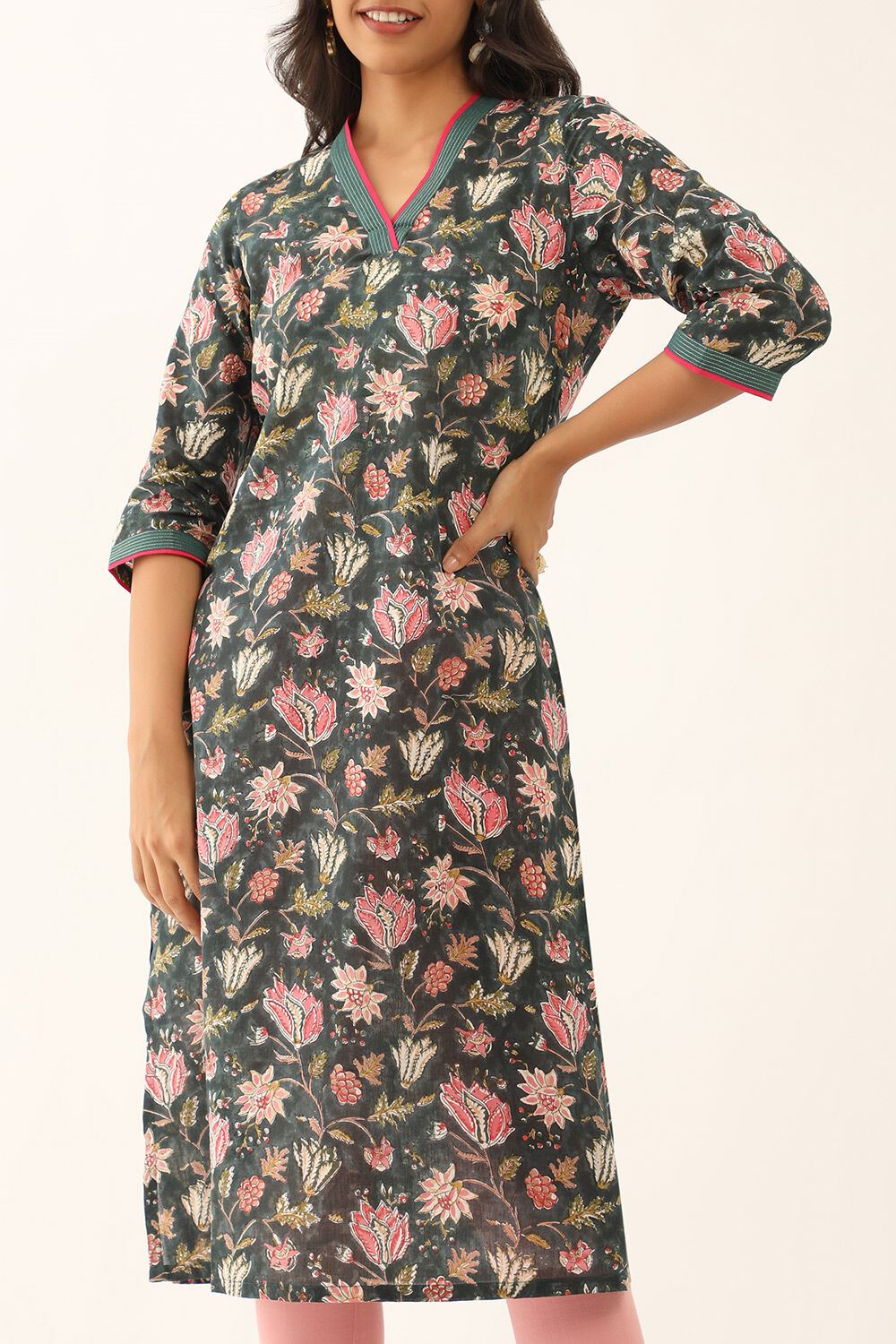 Dark Green Pure Cotton Block Printed Kurta with Embroidery image number null