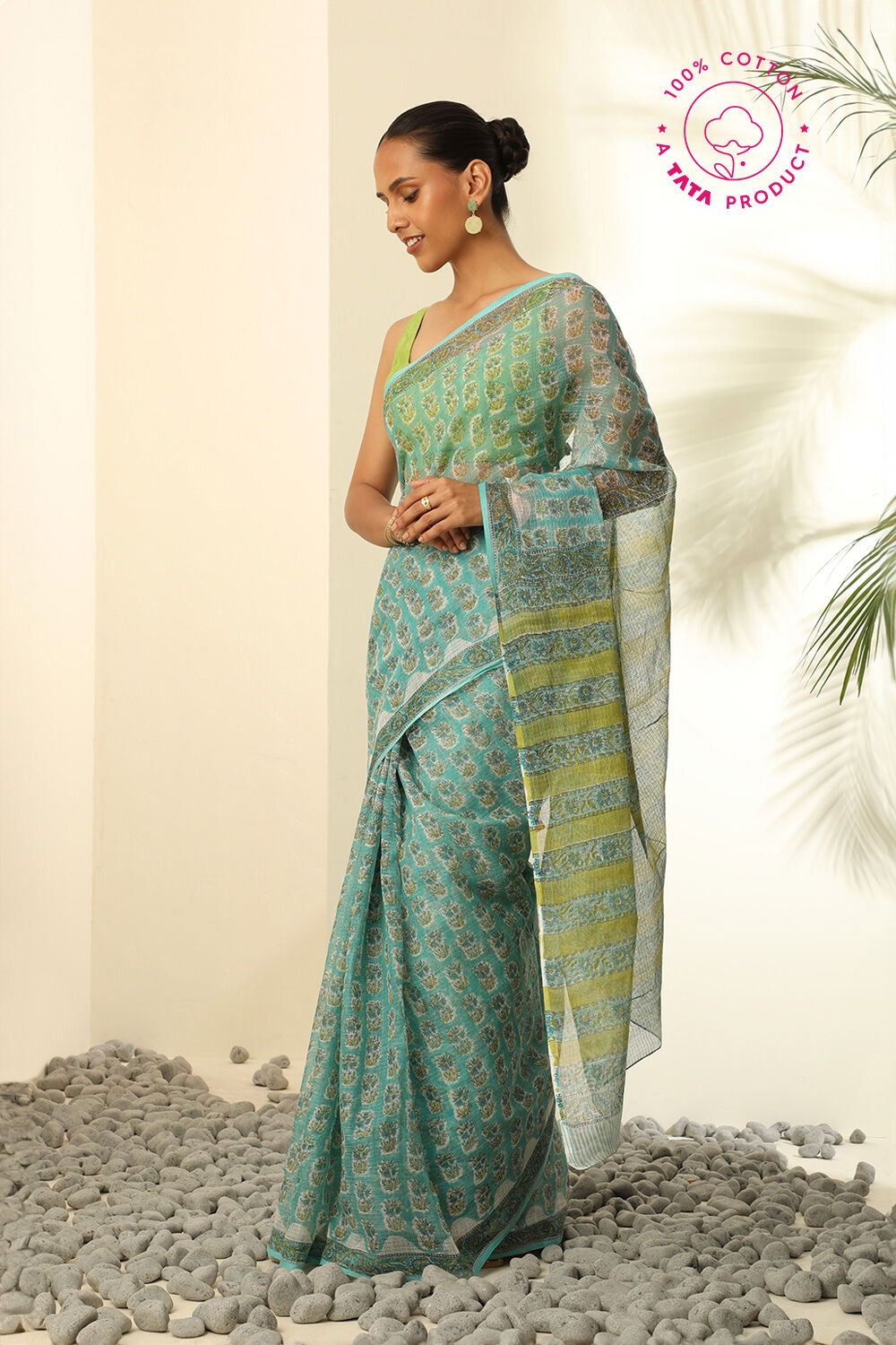 Light Green Pure Cotton Kota Bagru Block Printed Saree image number null