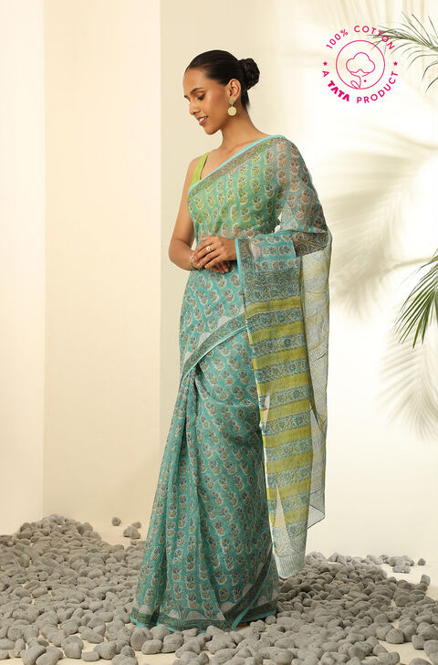 Light Green Pure Cotton Kota Bagru Block Printed Saree