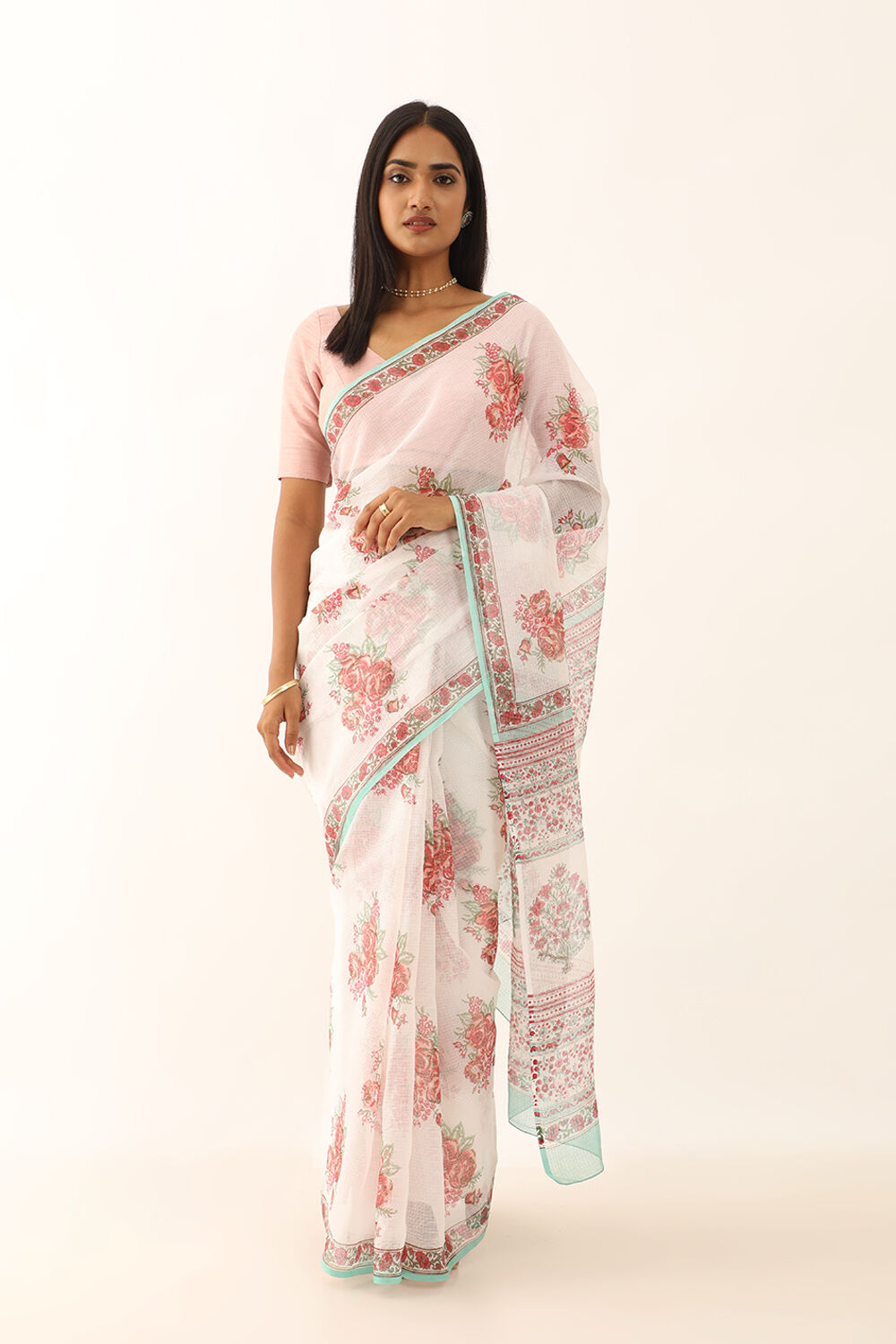 Off White Pure Kota Bagru Block Printed Saree image number null