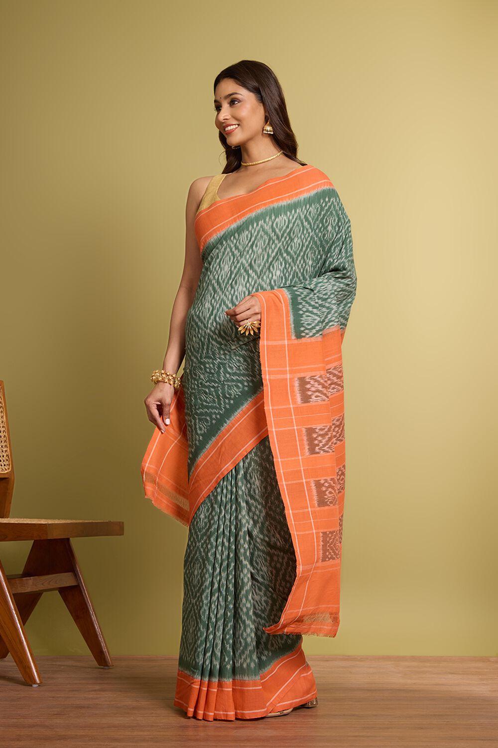 Dark Green Pure Cotton Ikat Saree image number null
