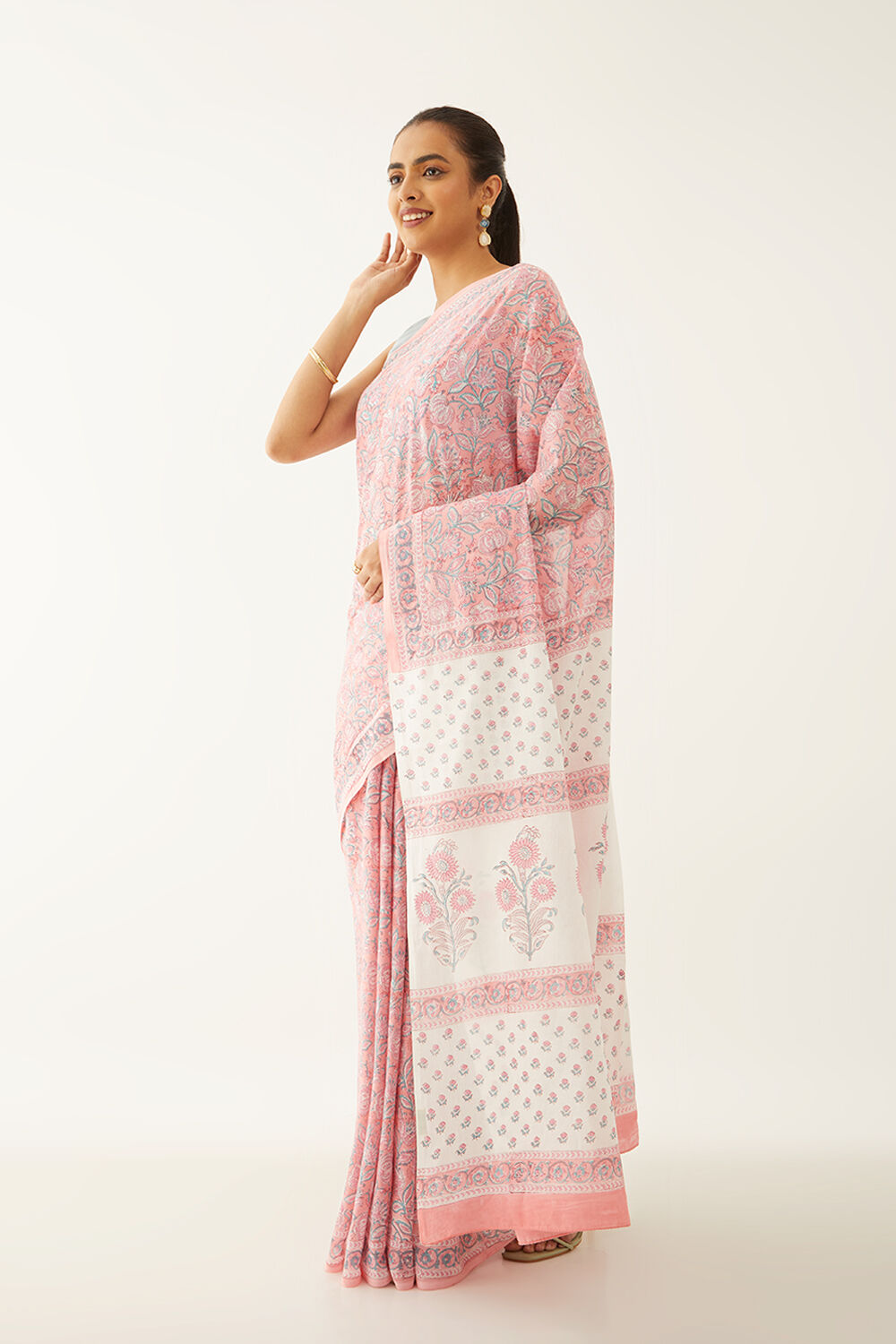 Light Pink Pure Cotton Block Print Saree image number null