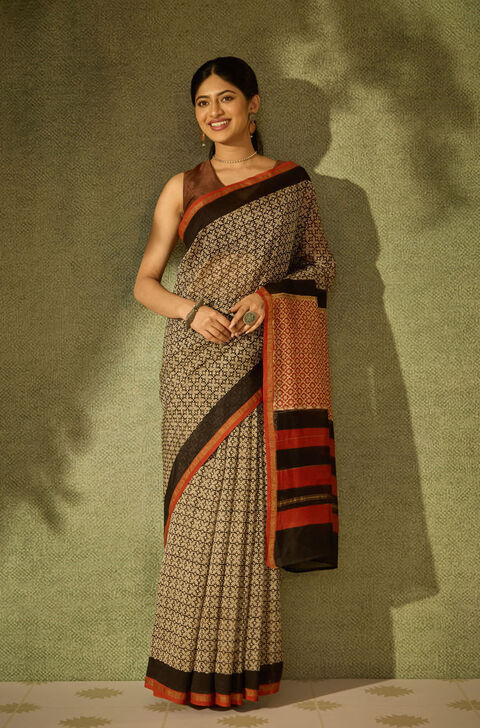 Black Bagru Bagru Block Printed Pure Silk Cotton Saree