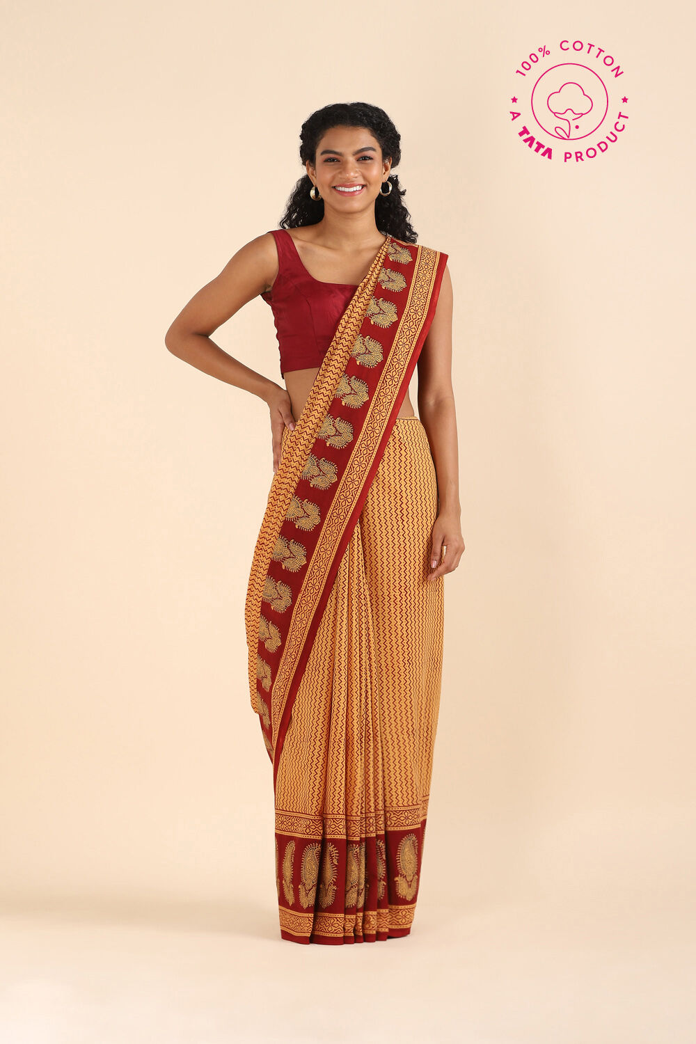 Beige Pure Cotton Bagh Printed Saree image number null