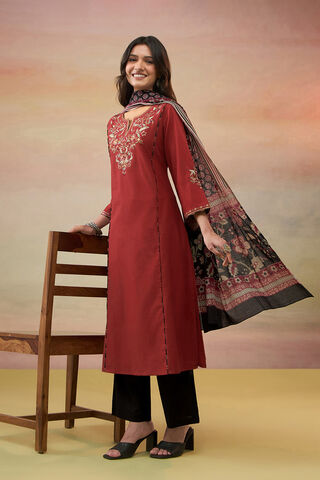 Dark Red Pure Cotton Embroidered Kurta Set image number