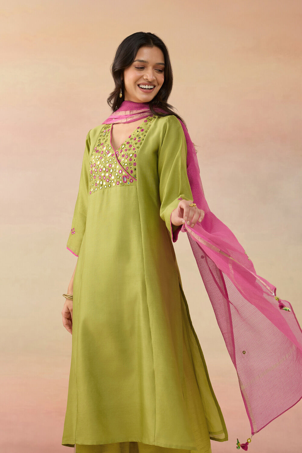 Green Pure Silk Cotton Shisha Kurta Set image number null