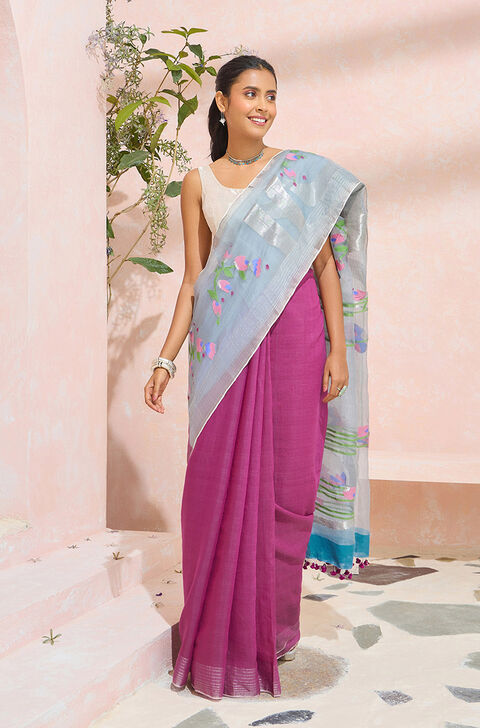 Violet Bengal Pure Silk Cotton Jamdani Saree