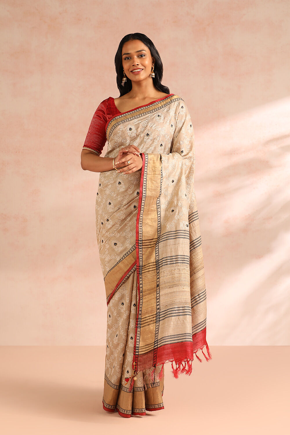 Beige Pure Tussar Silk Embroidery Saree image number null