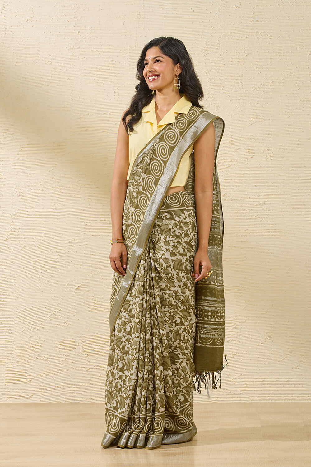 Light Green Rajasthan Block Printed Cotton Viscose Saree image number null