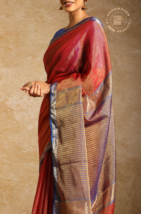 Dark Red Pure Cotton Tissue Woven Maheshwari Saree