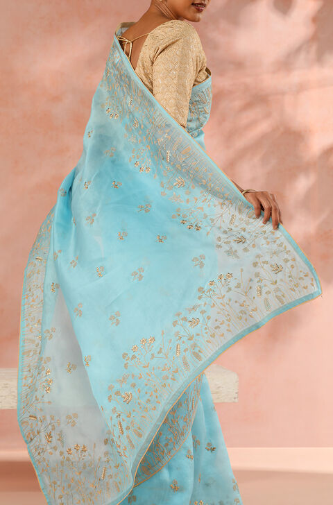Blue Contemporary Pure Silk Organza Embroidery Saree