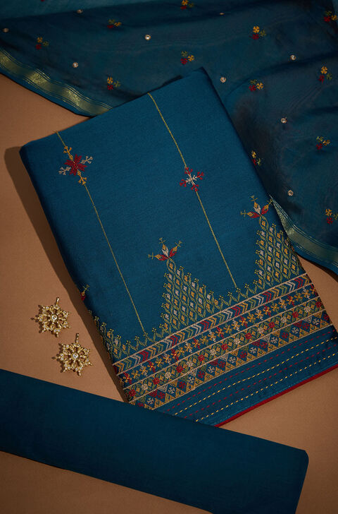 Dark Blue Pure Silk Cotton Embroidered Unstitched Suit Set
