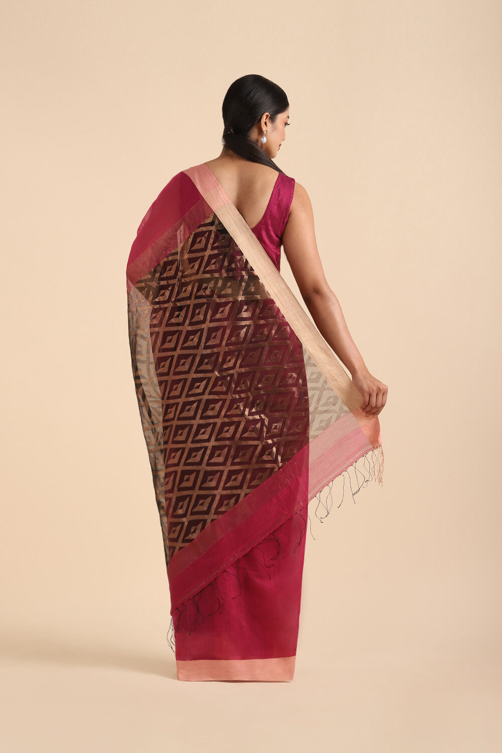 Dark Pink Pure Silk Cotton Bengal Saree image number null