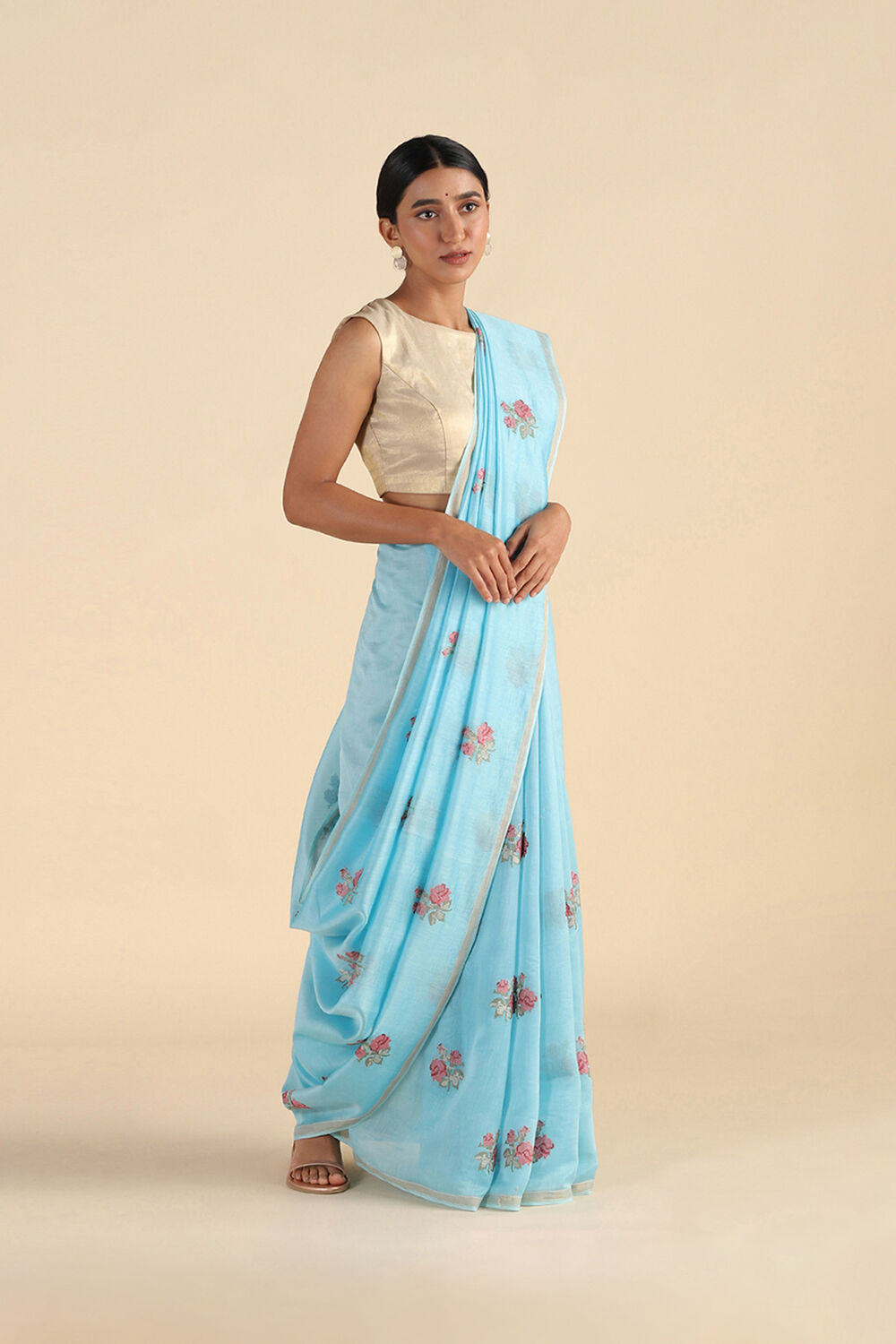 Light Blue Embroidered Pure Silk Cotton Saree image number null