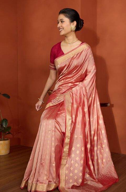 Light Red Silk Viscose Cutwork Banaras Inspired Design Saree