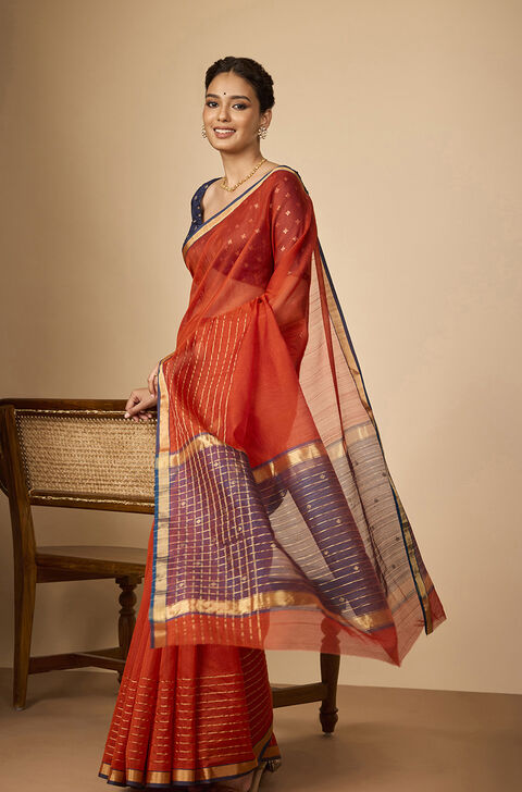 Dark Orange Woven Pure Silk Cotton Chanderi Saree