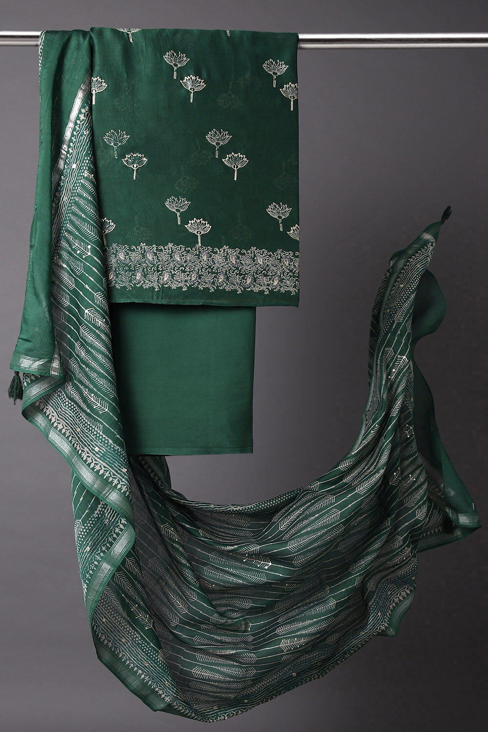 Dark Green Embroidered Silk CottonUnstitched Suit Set image number null